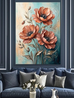 Karizma Tablo Klasik Tarzda Büyük Kırmızı Çiçekler Dekoratif Kanvas - Mdf Ahşap Tablo