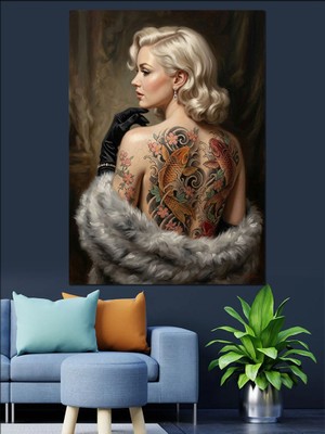 Karizma Tablo Sırtında Sanatsal Dövme Olan Kadın Dekoratif Kanvas - Mdf Ahşap Tablo