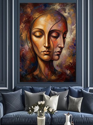 Karizma Tablo Bölünmüş Kadın Yüzü Soyut Sanat Dekoratif Kanvas - Mdf Ahşap Tablo