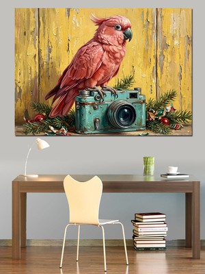Karizma Tablo Fotoğraf Makinesi Üstünde Pembe Papağan Dekoratif Kanvas - Mdf Ahşap Tablo