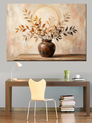 Karizma Tablo Vazoda Kuru Altın Rengi Yapraklar Dekoratif Kanvas - Mdf Ahşap Tablo