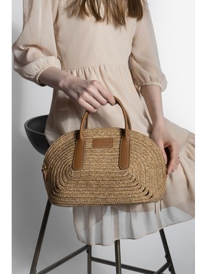 Marjin Kadın El Örgüsü Çift Fermuar Kapama El ve Omuz Çantası Soper Taba Hasır