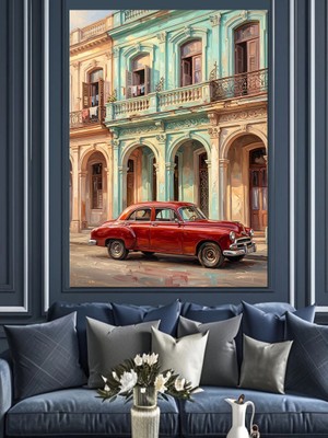 Karizma Tablo Klasik Şehir Sokağında Kırmızı Araba Dekoratif Kanvas - Mdf Ahşap Tablo