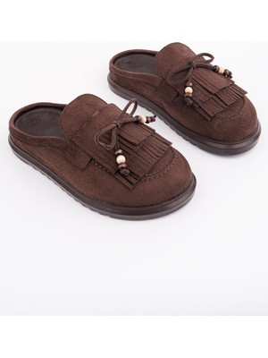 Muggo Fringe Süet Deri Fiyonk Detaylı Günlük Rahat Önü Kapalı Kadın Püsküllü Loafer Terlik