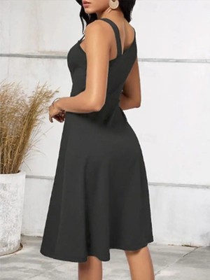 Amorluxe Kadın Tek Omuzu Şerit Detaylı Kolsuz Yandan Düğme Detaylı Janjan Krep Elbise