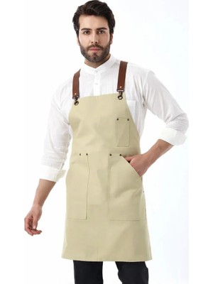 Bilenn Tekstil Barista Askılı Önlük Kanguru Cepli Deri Kemerli - Bej