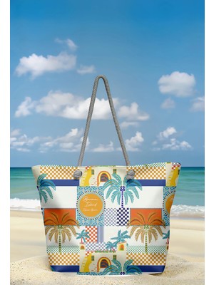 Miami Beach Tropikal Patchwork Desenli Geniş Hacimli Astarlı Kadın Plaj Çantası