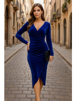 Amorluxe Kadın Uzun Kollu Kruvaze Yaka Belden Büzgü Detay Midi Kadife Elbise