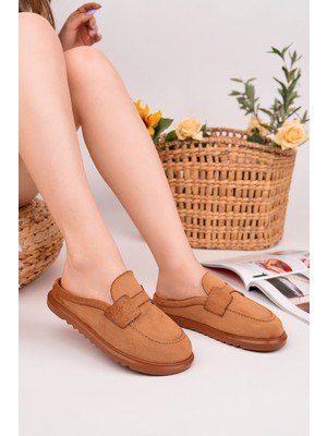 Muggo Vintage Süet Deri Günlük Rahat Önü Kapalı Kadın Loafer Terlik