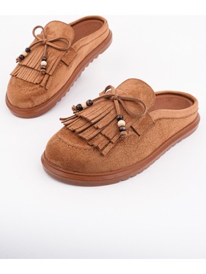 Muggo Fringe Süet Deri Fiyonk Detaylı Günlük Rahat Önü Kapalı Kadın Püsküllü Loafer Terlik