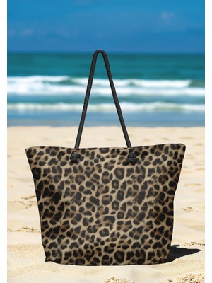 Miami Beach Leopar Desenli Geniş Hacimli Astarlı Kadın Plaj Çantası