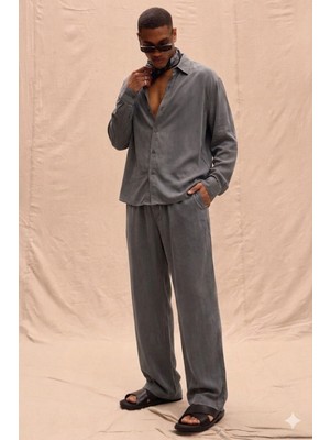 Tarz Cool Erkek Haki Tencel Kumaş Oversize Gömlek Pantolon Takım – Rahat Kesim Yazlık Kombin