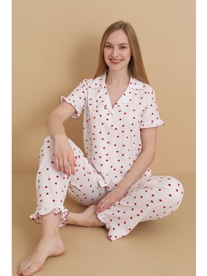 Wordex Mirano 3852 Kalp Desenli Bürümcük Gömlek Yaka Düğmeli Kısa Kollu Kadın Pijama Takımı