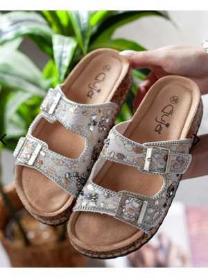 Guja 26Y106 Kadın 36/41 Taşlı Çift Bantlı Mantar Taban Premium Terlik