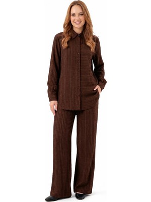Nuss Önü Düğmeli Gömlek Pantolonlu Takım 1055 Kahverengi