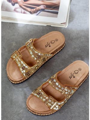 Guja 26Y106 Kadın 36/41 Taşlı Çift Bantlı Mantar Taban Premium Terlik