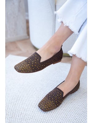 Laminta Flores Taşlı Kadın Triko Içi Hakiki Deri Babet