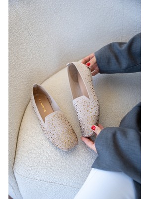 Laminta Flores Taşlı Kadın Triko Içi Ten Hakiki Deri Babet