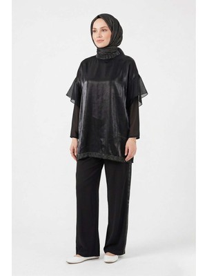 Lale Butik Transparan ve Taş Detay Bluz ve Pantolon Takım 8614  Siyah