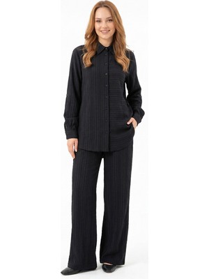 Nuss Önü Düğmeli Gömlek Pantolonlu Takım 1055 Siyah