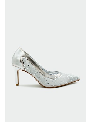 Laminta Miego Taşlı File Detaylı Kadın Silver Topuklu Ayakkabı