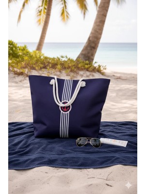 Miami Beach Marin Çapa ve Çizgi Nakışlı Astarlı Geniş Hacimli Lacivert Kadın Plaj Çantası