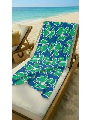 Miami Beach Yeşil Çiçek Desenli Saks Mavi Yüksek Su Emici 70X150CM Plaj Havlusu