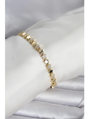 İsmiyle Al Pirinç Gold Renk Zirkon Taşlı Yıldız Model Kadın Bileklik