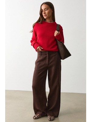 Madmext Kahverengi Yüksek Bel Keten Wide Leg Pantolon MG2718