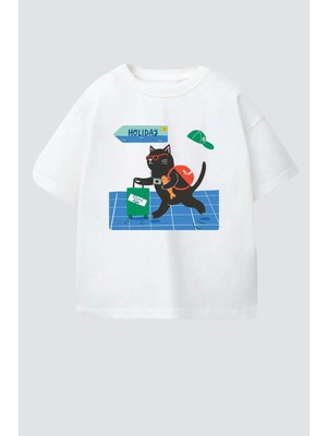 Monila Unisex Çocuk Pamuklu Kedi Baskılı T-Shirt