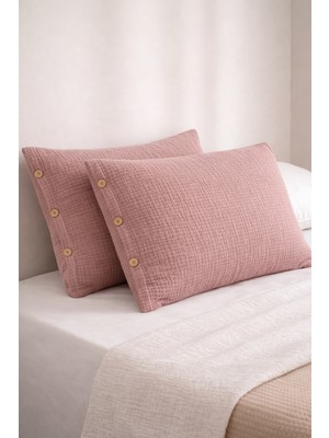 Veronica Line 6 Kat Müslin %100 Pamuk 2'li Düğmeli Yastık Kılıfı Set 50X70 Organik