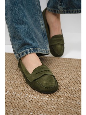 Mio Gusto Capri Hakiki Süet Haki Renk Kadın Loafer Ayakkabı