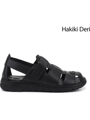 Gönderi(r) Erkek Siyah  Cırtlı Hakiki Deri Comfort Sandalet