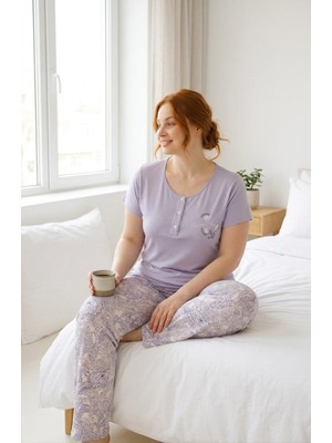 Seamlife Kadın Büyük Beden Desenli Bisiklet Yaka 3 Düğmeli Likralı Viskon Kısa Kollu Pijama Takımı