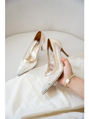 Laminta Miego Taşlı File Detaylı Kadın Gold Topuklu Ayakkabı