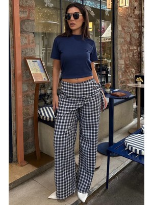 Madmext Lacivert Fularlı Ekose Pantolon MG2734