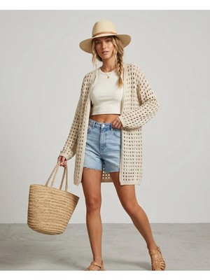 Krem Rengi Önden Bağlamalı Hırka