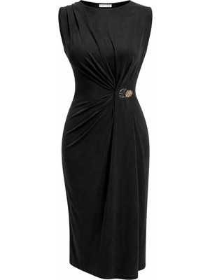 Mixray 2084 Kadın Drapeli Yan Toka Detaylı Yırtmaçlı Modal Elbise Siyah