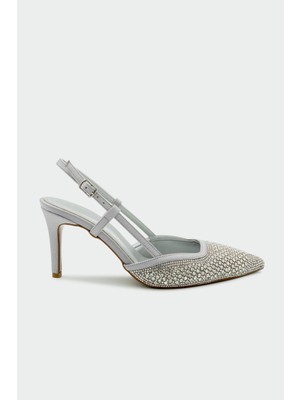 Laminta Inzagi Taş Işleme Detaylı Kadın Silver Topuklu Ayakkabı
