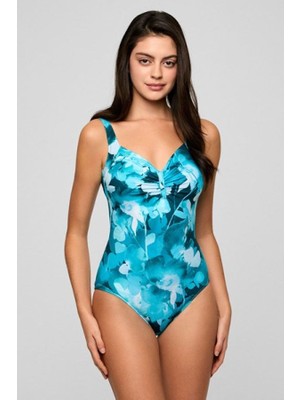 Kom Kadın Turkuaz Desenli V Yaka Kaplı Toparlayıcı Mayo