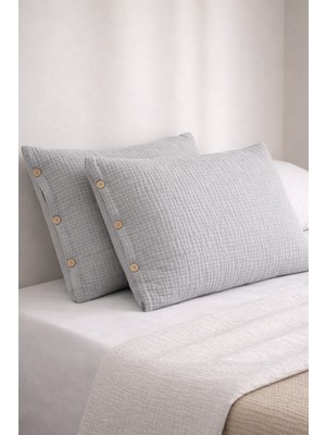 Veronica Line 6 Kat Müslin %100 Pamuk 2'li Düğmeli Yastık Kılıfı Set 50X70 Organik