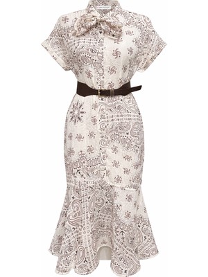 Mixray 4882 Kadın Şal Desen Kemerli Bağlamalı Midi Elbise Ekru