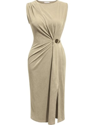 Mixray 2084 Kadın Drapeli Yan Toka Detaylı Yırtmaçlı Modal Elbise Haki