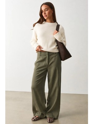 Madmext Haki Yüksek Bel Keten Wide Leg Pantolon MG2718