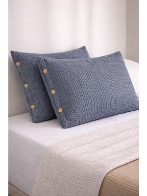 Veronica Line 6 Kat Müslin %100 Pamuk 2'li Düğmeli Yastık Kılıfı Set 50X70 Organik