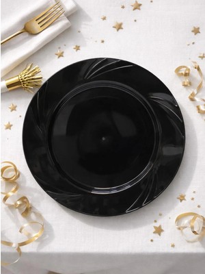 Parti Adresi Lüks Plastik Mika Tabak Parti Tabağı Siyah 26 cm 6'lı