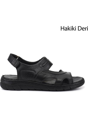 Gönderi(r) Erkek Siyah  Ayarlanabilir Cırt Bantlı Hakiki Deri Sandalet