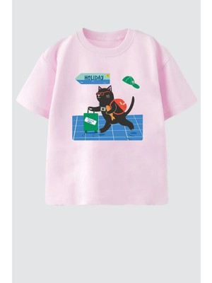 Monila Unisex Çocuk Pamuklu Kedi Baskılı T-Shirt
