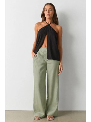 Madmext Çağla Yeşili Yüksek Bel Keten Wide Leg Pantolon MG2718