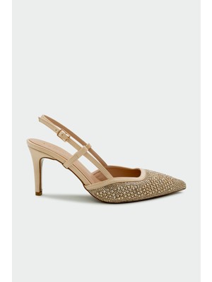 Laminta Inzagi Taş Işleme Detaylı Kadın Ten Topuklu Ayakkabı